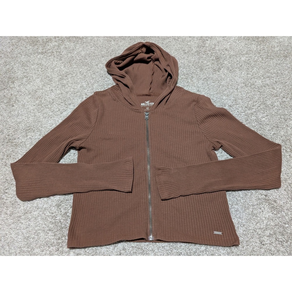 Hollister Zip Up Hoodie Womens M Brown Must-Have‎ Collection Ribbed Knit Y2K